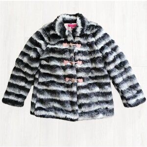 Betsey Johnson Black and White Faux Fur Coat with Pink Accents